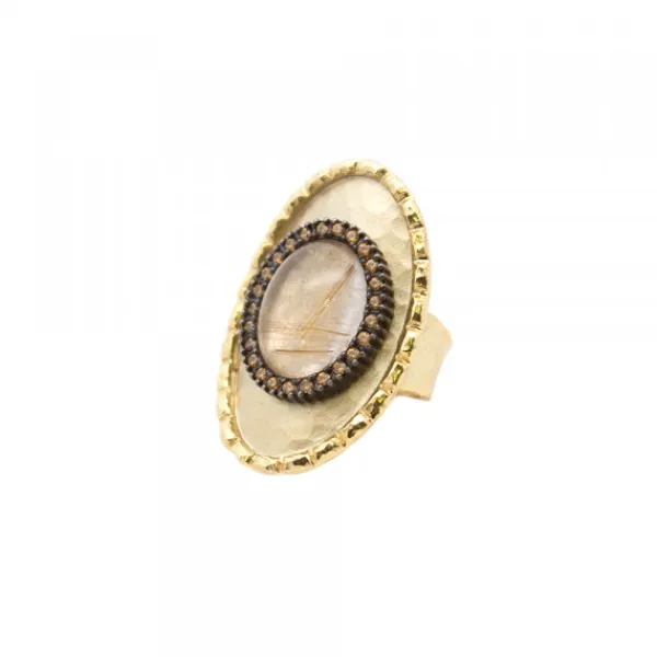Anillo Ovalado de Plata Dorada con Piedra y Circonitas*Eguzkilore Outlet