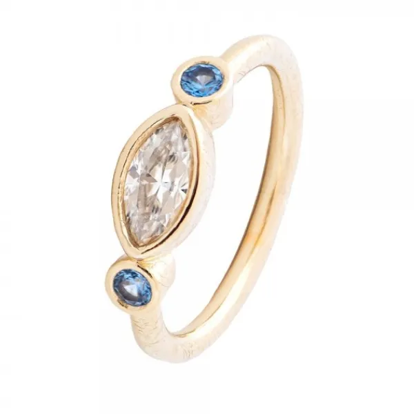 Anillo Plata Dorada Navette y Zafiros*Eguzkilore Outlet