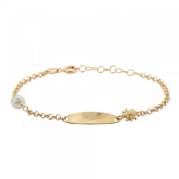 Pulsera Identidad Ovalada de Plata Dorada y Perla Personalizable*Eguzkilore Online